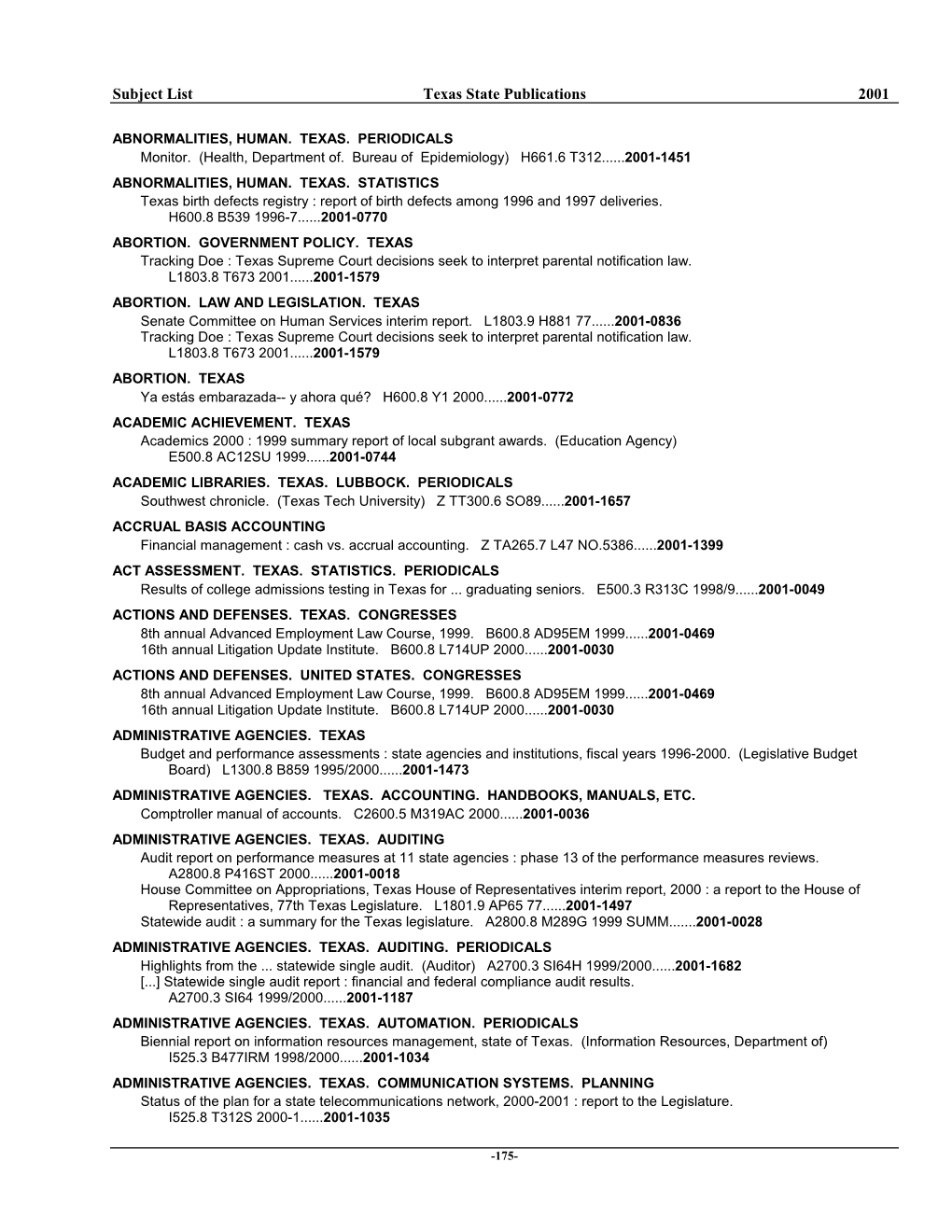 2001 Subject List (Adobe PDF)