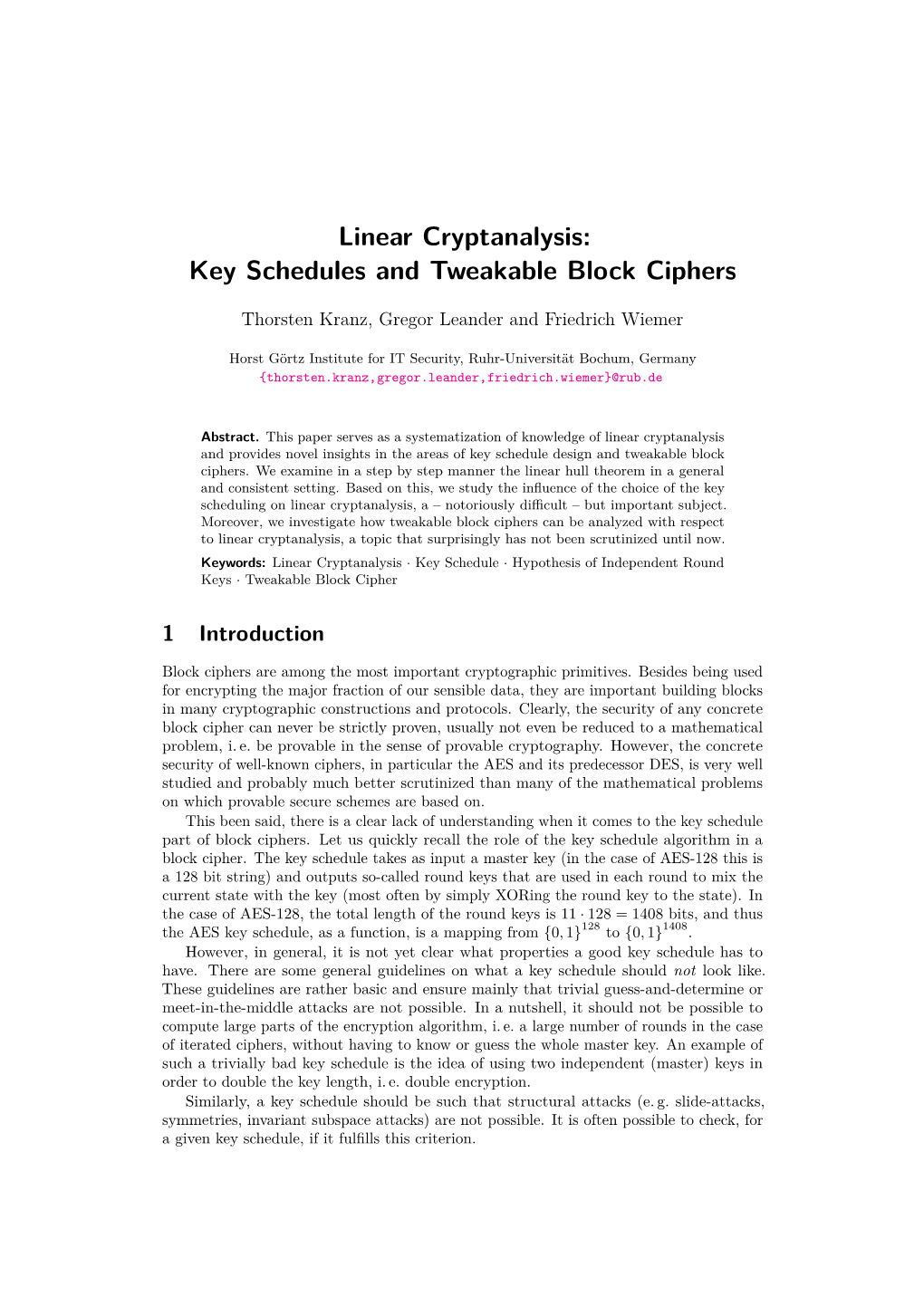 Linear Cryptanalysis: Key Schedules and Tweakable Block Ciphers