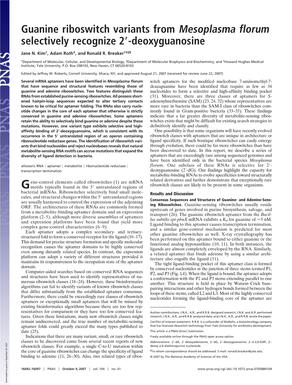 Guanine Riboswitch Variants from Mesoplasma Florum Selectively Recognize 2؅-Deoxyguanosine