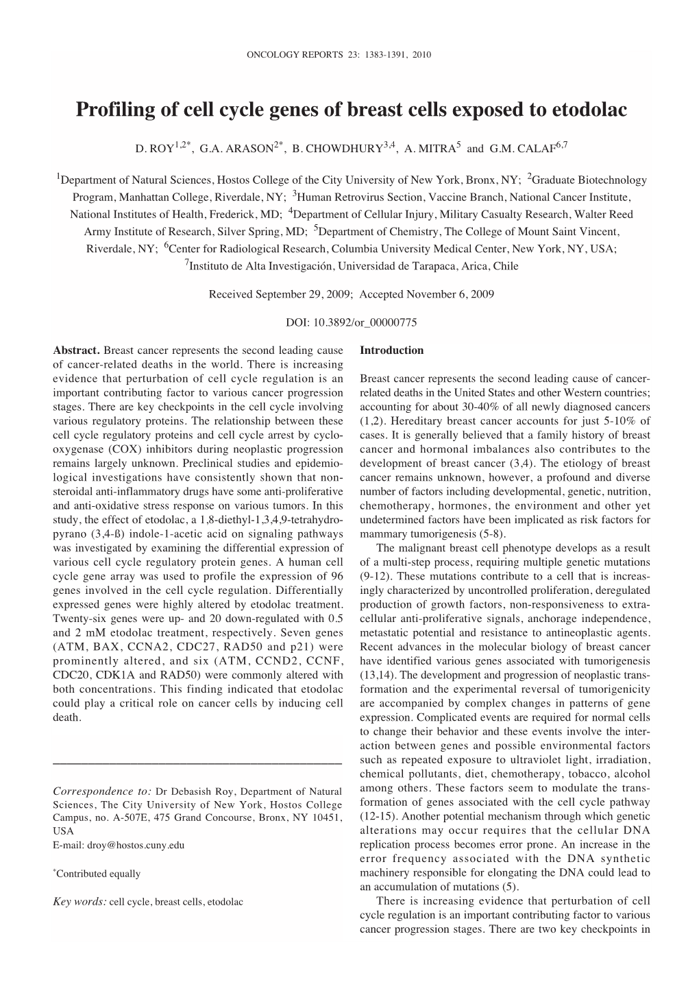 Profiling of Cell Cycle Genes of Breast Cells Exposed to Etodolac