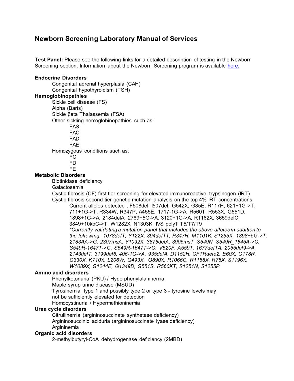 Newborn Screening Laboratory Manual of Services