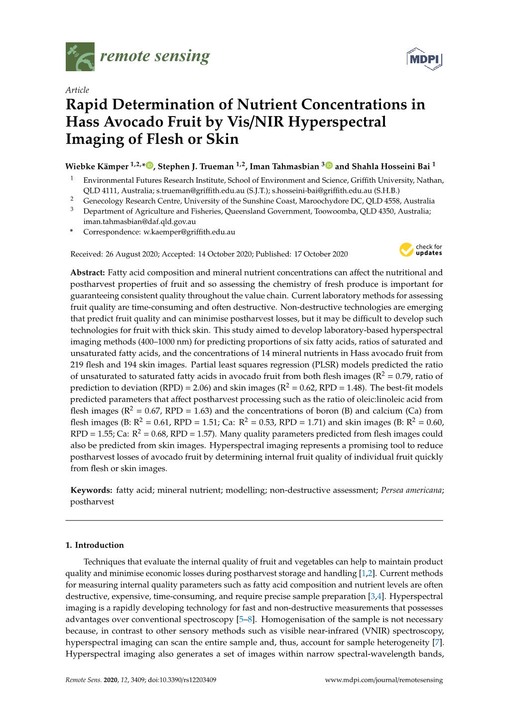 Rapid Determination of Nutrient Concentrations in Hass Avocado Fruit by Vis/NIR Hyperspectral Imaging of Flesh Or Skin