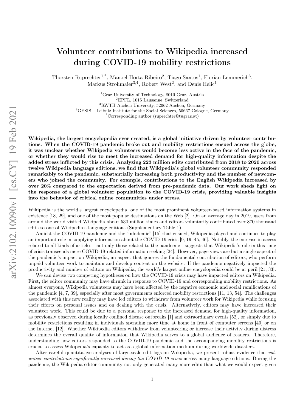 Volunteer Contributions to Wikipedia Increased During COVID-19 Mobility Restrictions
