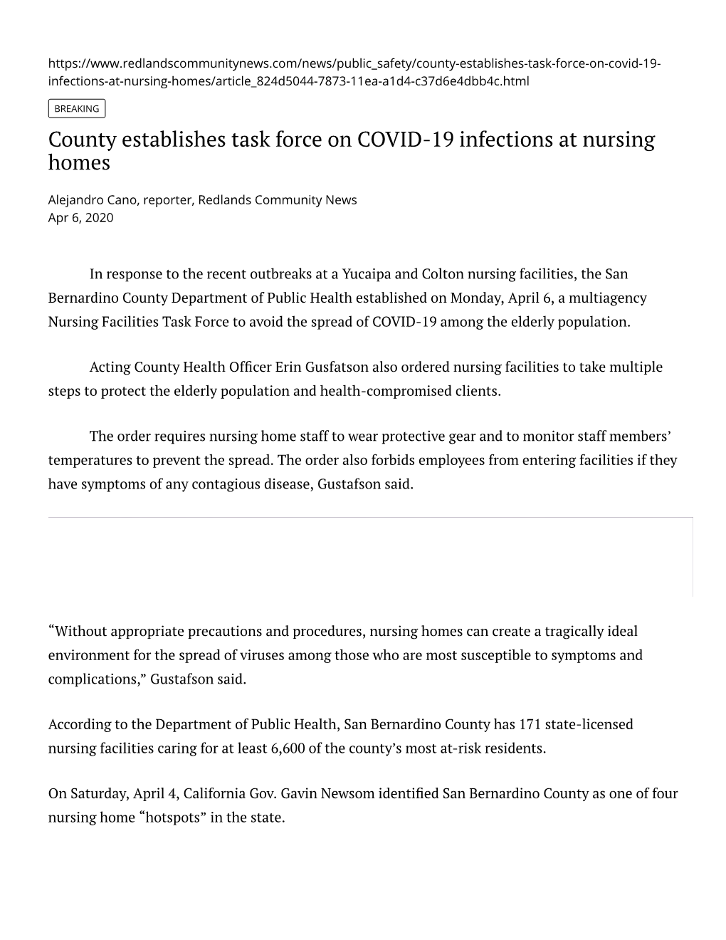 County Establishes Task Force on COVID-19 Infections at Nursing Homes