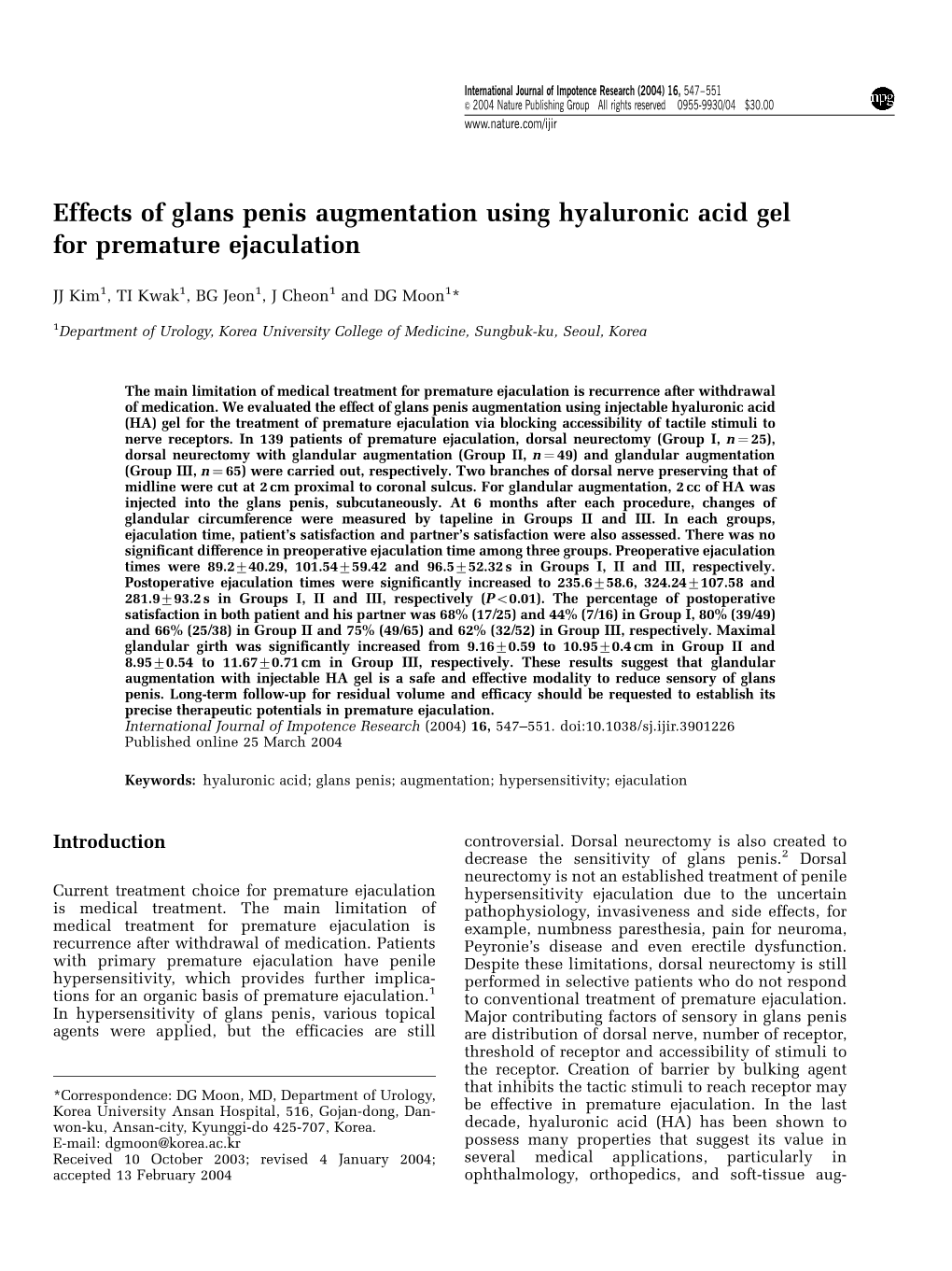 Effects of Glans Penis Augmentation Using Hyaluronic Acid Gel for Premature Ejaculation
