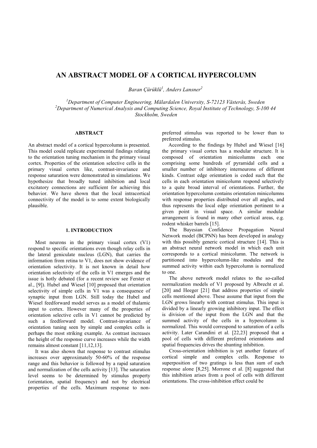 An Abstract Model of a Cortical Hypercolumn
