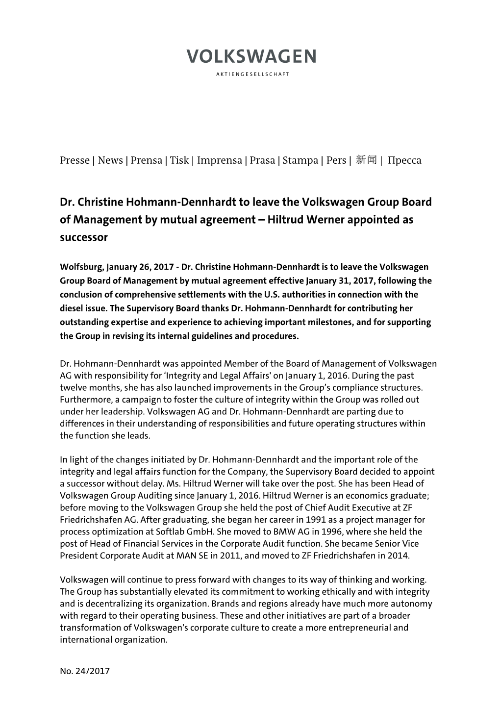 Dr. Christine Hohmann-Dennhardt to Leave the Volkswagen Group Board of Management by Mutual Agreement – Hiltrud Werner Appointed As Successor