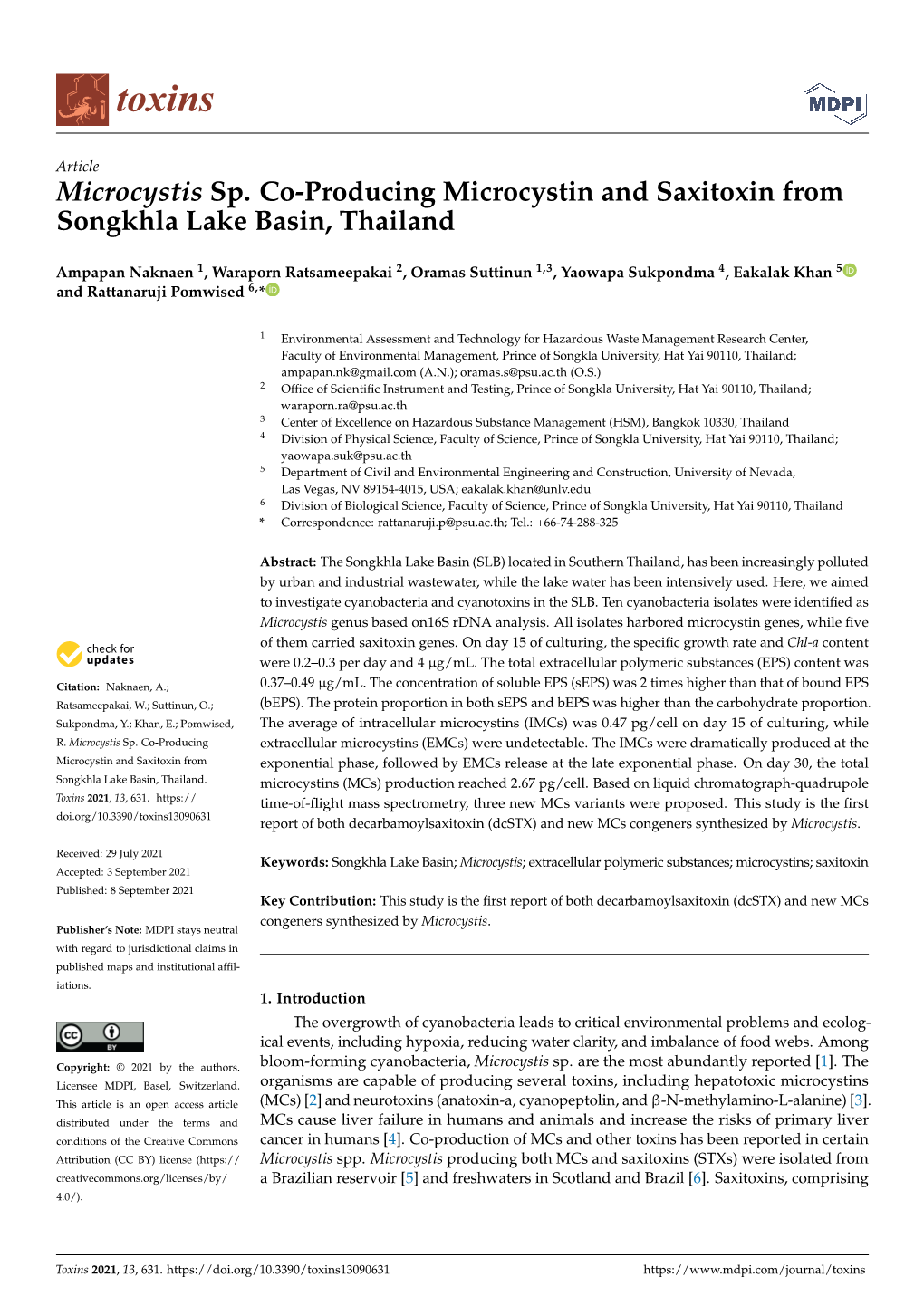 Microcystis Sp. Co-Producing Microcystin and Saxitoxin from Songkhla Lake Basin, Thailand