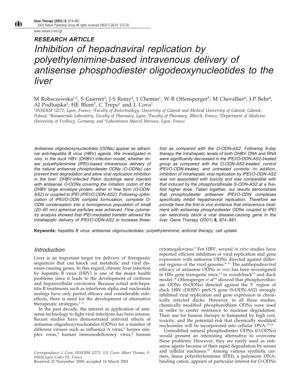 Inhibition of Hepadnaviral Replication by Polyethylenimine-Based Intravenous Delivery of Antisense Phosphodiester Oligodeoxynucleotides to the Liver