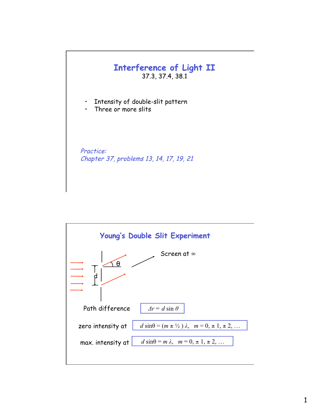 Intensity of Double-Slit Pattern • Three Or More Slits