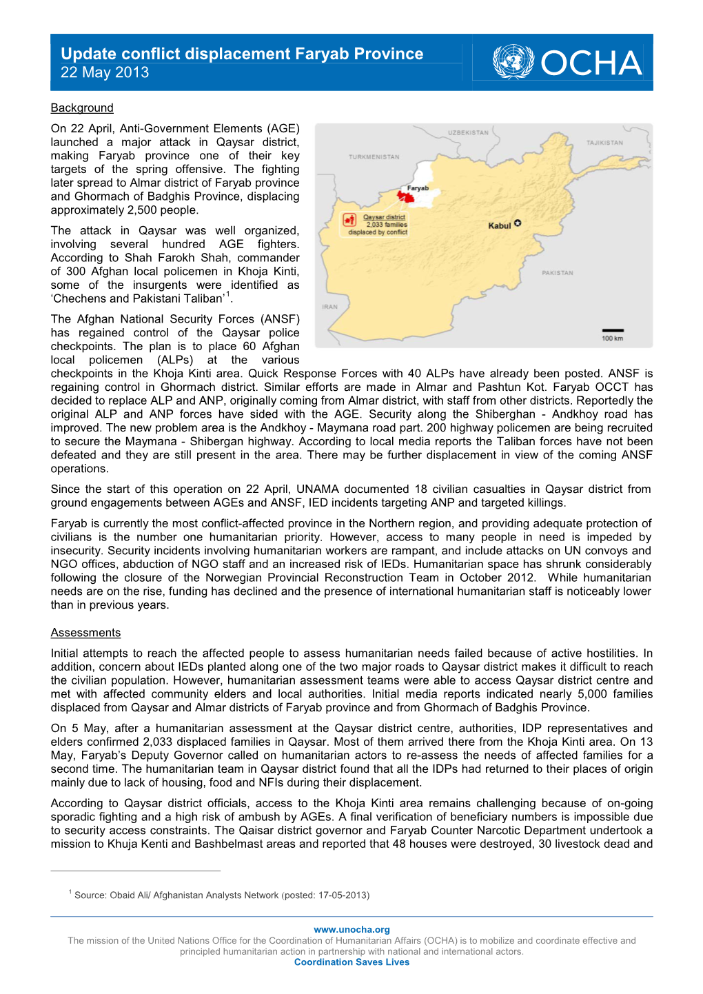 Update Conflict Displacement Faryab Province 22 May 2013