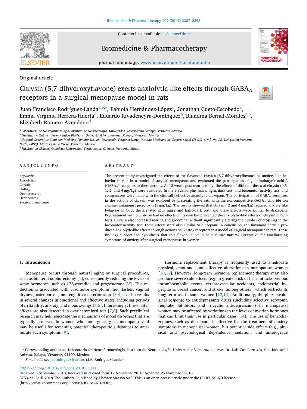 Exerts Anxiolytic-Like Effects Through GABAA Receptors in a Surgical Menopause Model in Rats