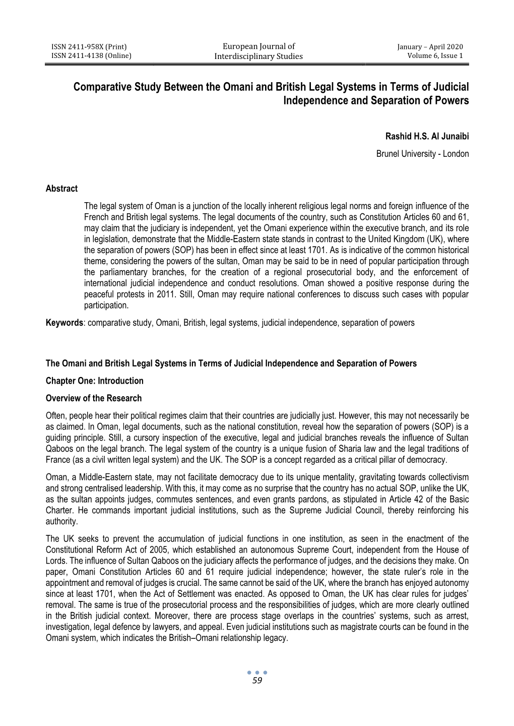 Comparative Study Between the Omani and British Legal Systems in Terms of Judicial Independence and Separation of Powers