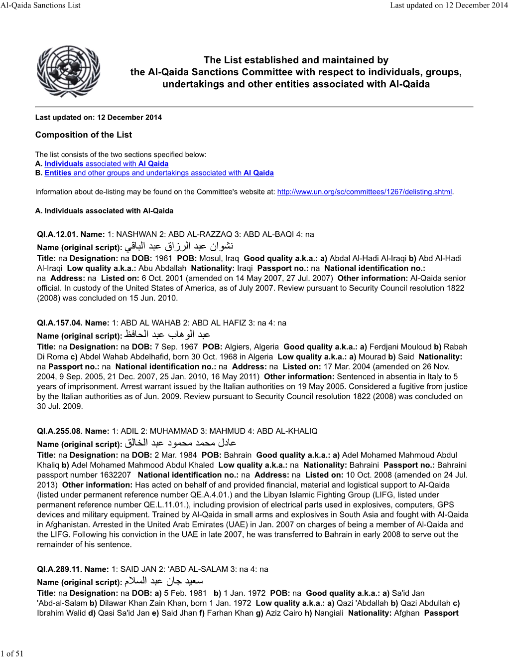 Al-Qaida Sanctions List Last Updated on 12 December 2014