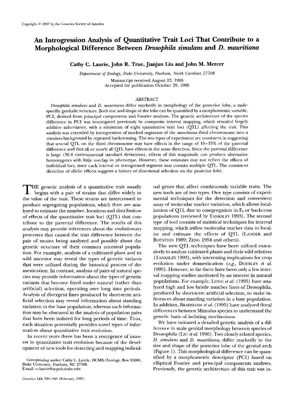 An Introgression Analysis of Quantitative Trait Loci That Contribute to a Morphological Difference Between Drosophila Simulans and D