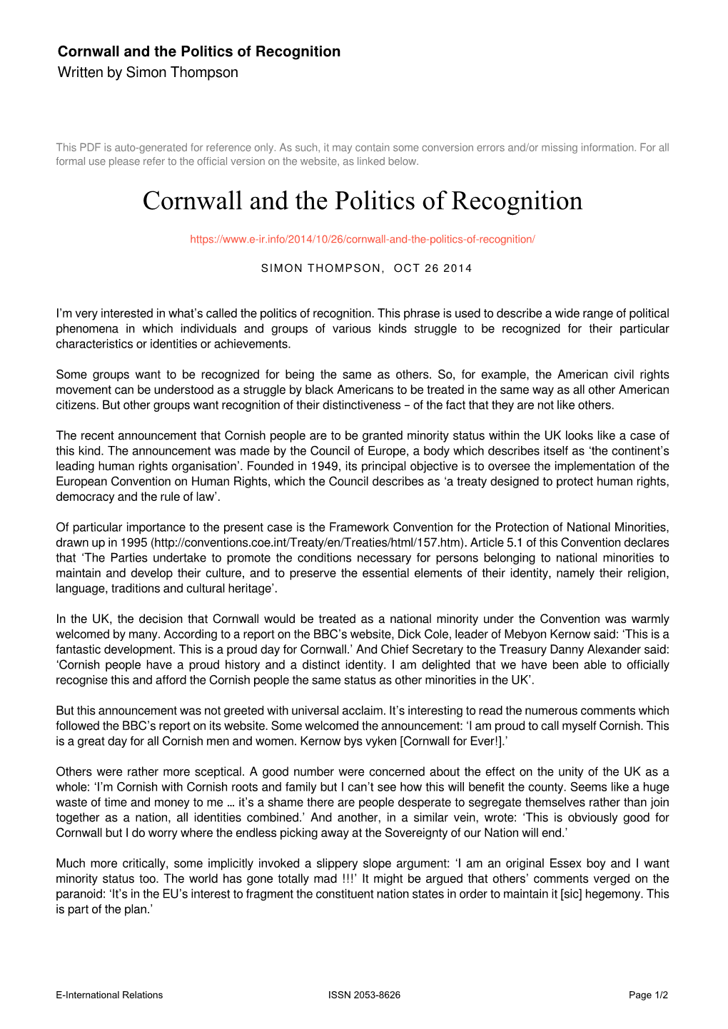 Cornwall and the Politics of Recognition Written by Simon Thompson