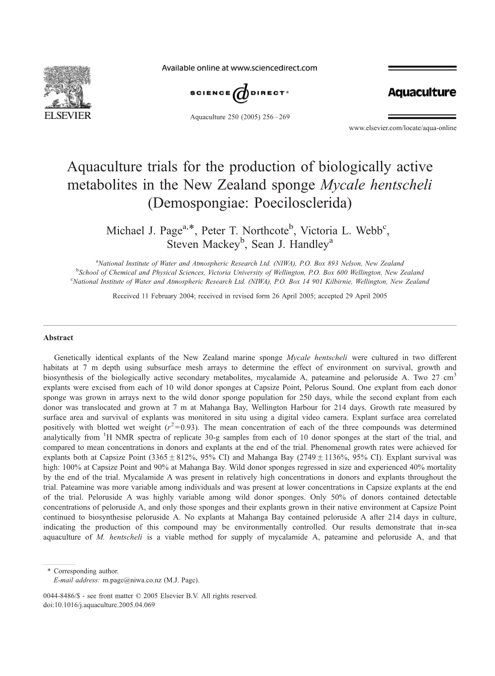 Aquaculture Trials for the Production of Biologically Active Metabolites in the New Zealand Sponge Mycale Hentscheli (Demospongiae: Poecilosclerida)