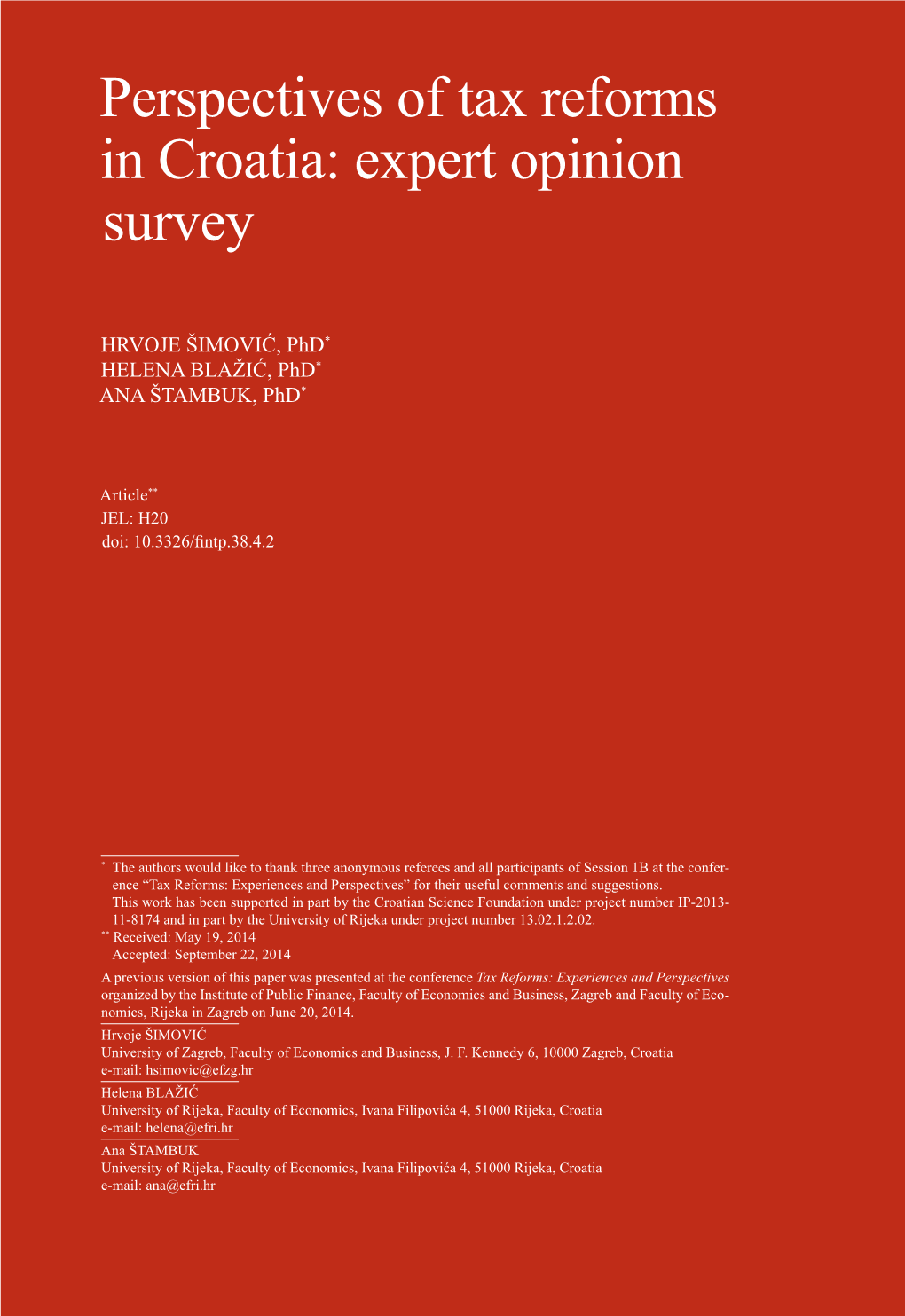 Perspectives of Tax Reforms in Croatia: Expert Opinion Survey