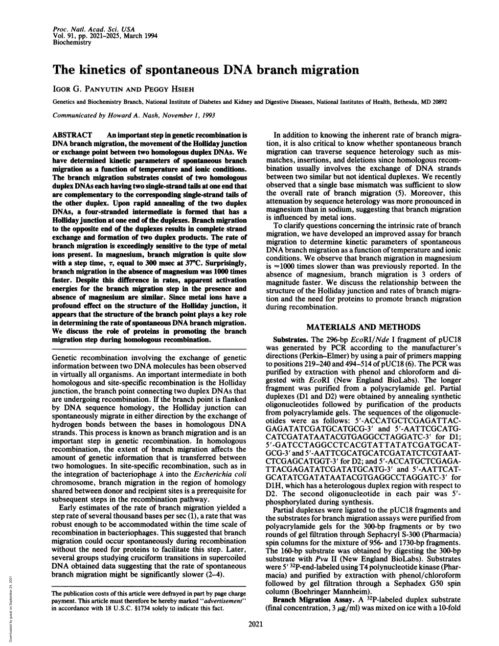 The Kinetics of Spontaneous DNA Branch Migration IGOR G