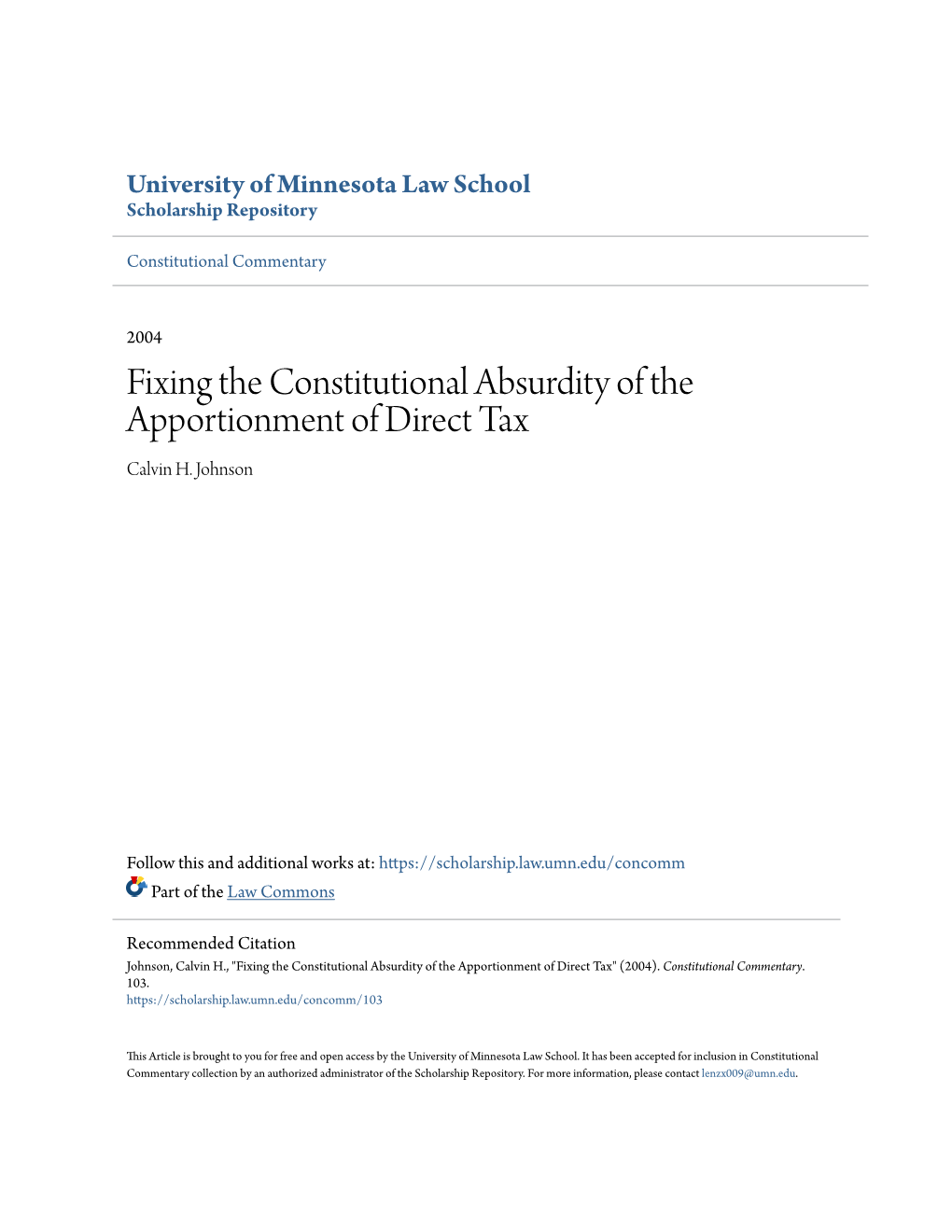 Fixing the Constitutional Absurdity of the Apportionment of Direct Tax Calvin H