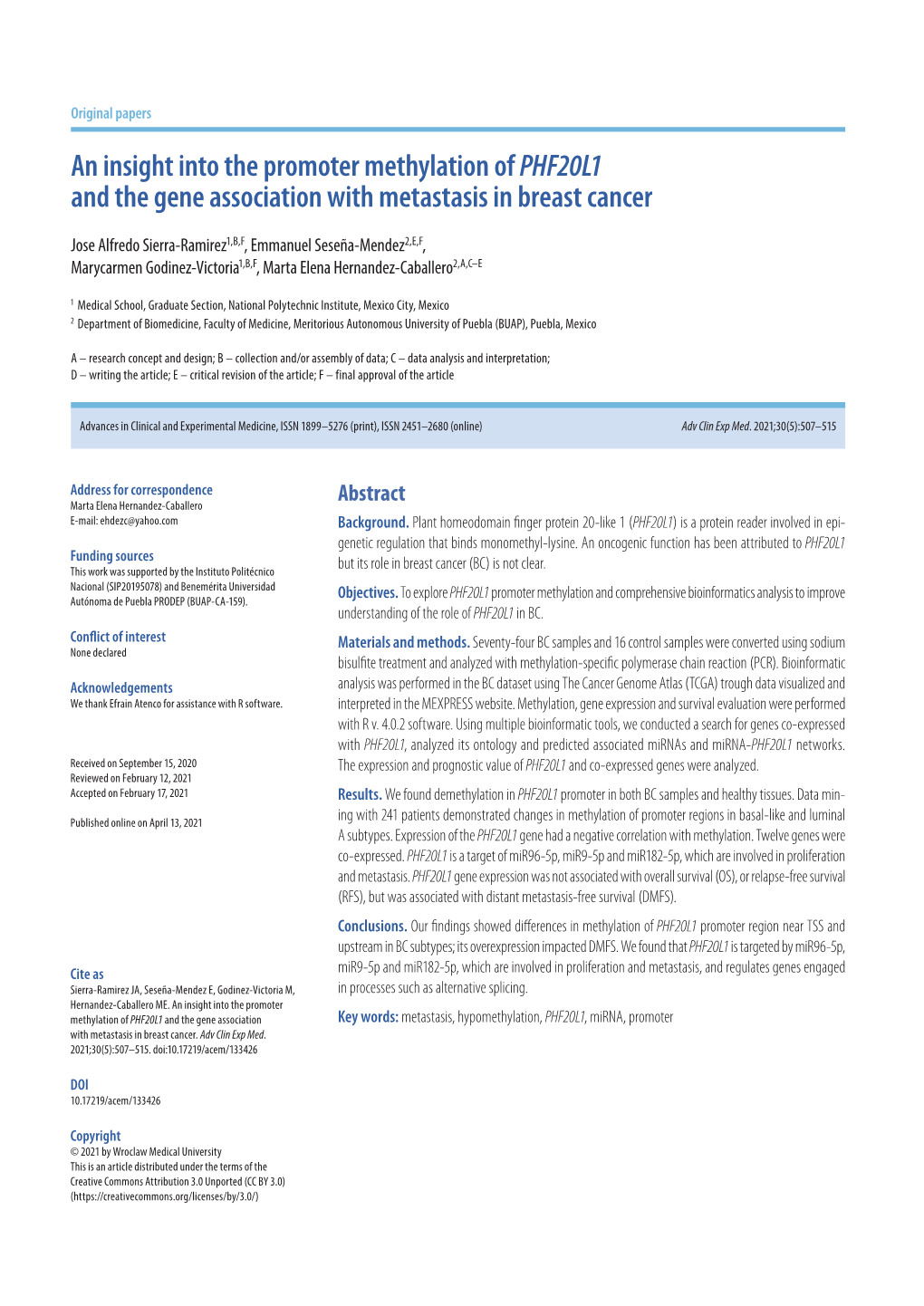 An Insight Into the Promoter Methylation of PHF20L1 and the Gene Association with Metastasis in Breast Cancer