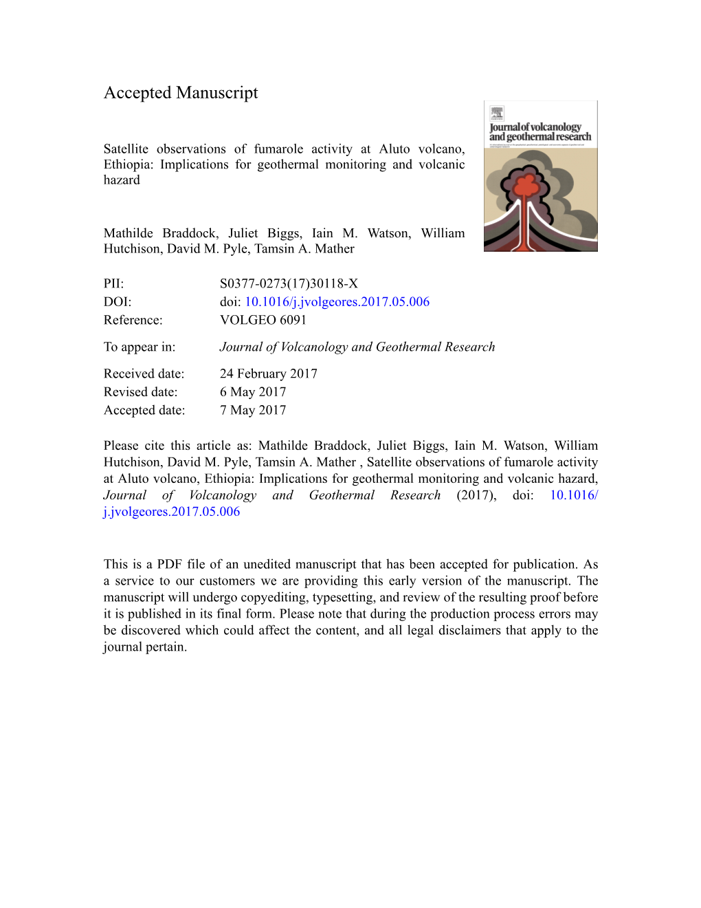 Satellite Observations of Fumarole Activity at Aluto Volcano, Ethiopia: Implications for Geothermal Monitoring and Volcanic Hazard