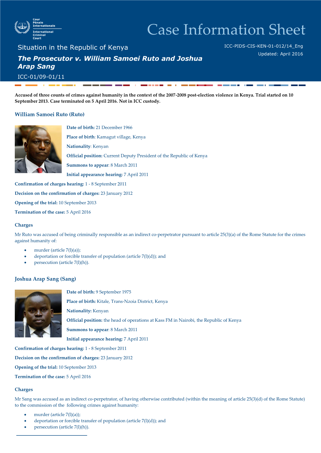 Case Information Sheet Situation in the Republic of Kenya ICC-PIDS-CIS-KEN-01-012/14 Eng Updated: April 2016 the Prosecutor V