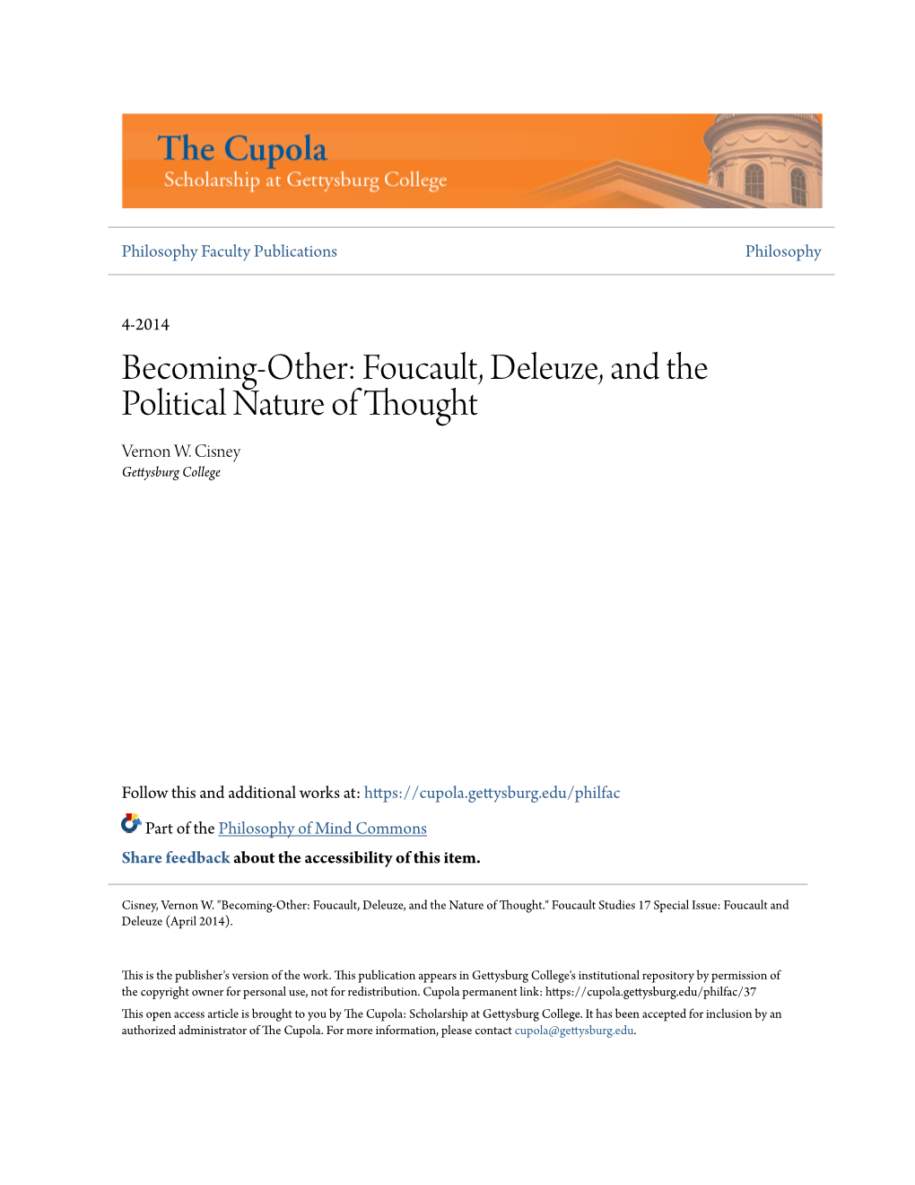 Becoming-Other: Foucault, Deleuze, and the Political Nature of Thought Vernon W