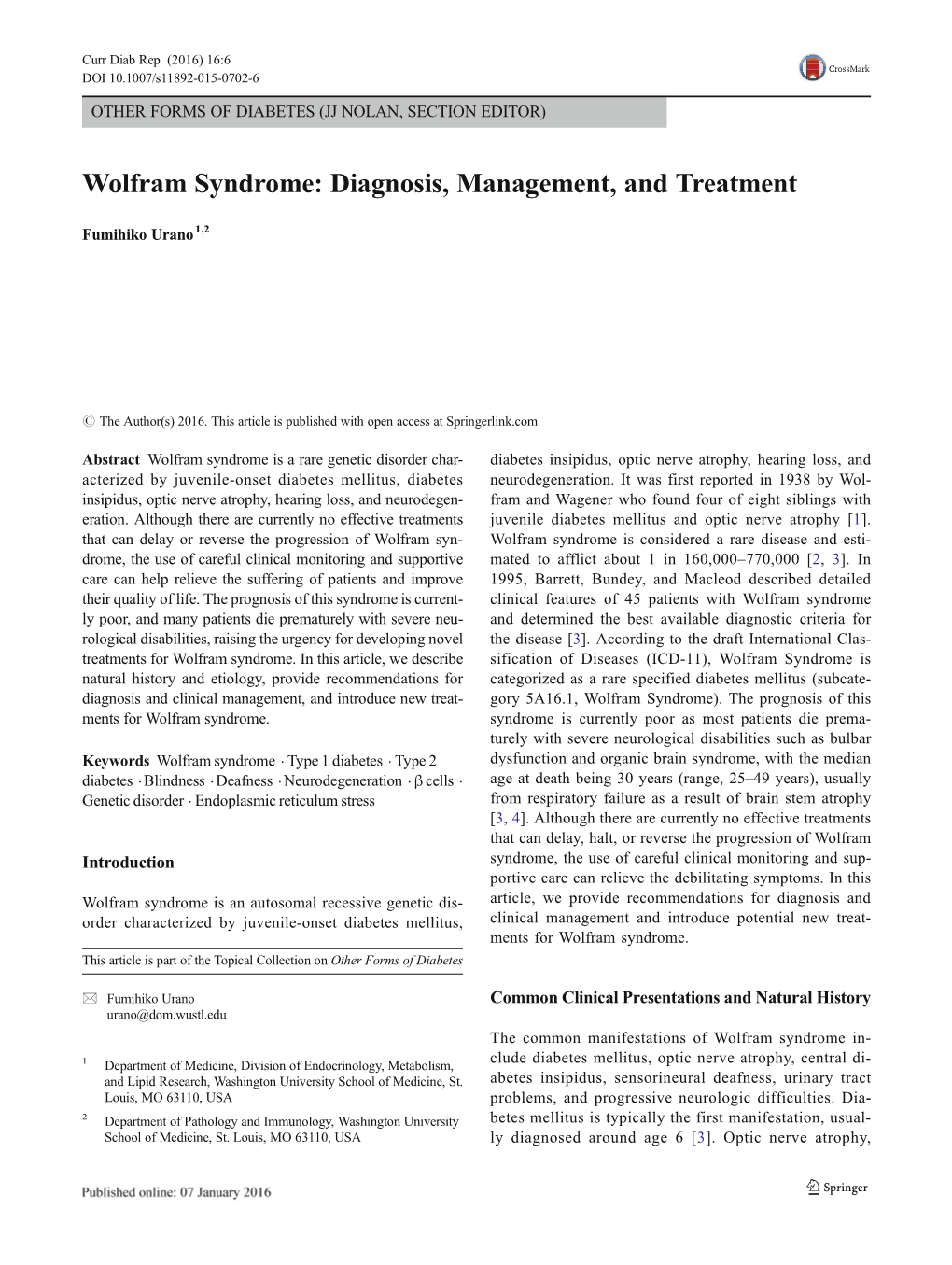 Fumihiko Urano: Wolfram Syndrome: Diagnosis, Management, And