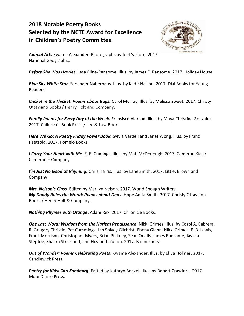 2018 Notable Poetry Books Selected by the NCTE Award for Excellence in Children’S Poetry Committee