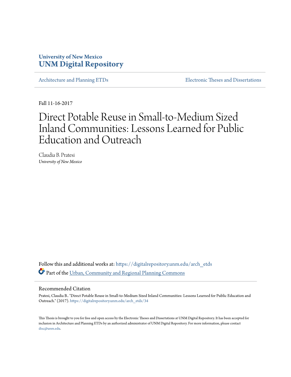 Direct Potable Reuse in Small-To-Medium Sized Inland Communities: Lessons Learned for Public Education and Outreach Claudia B