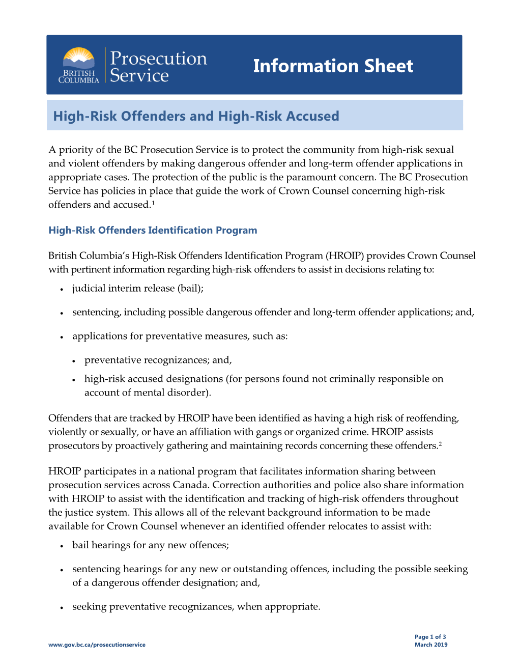 BCPS Information Sheet: High-Risk Offenders & High-Risk Accused