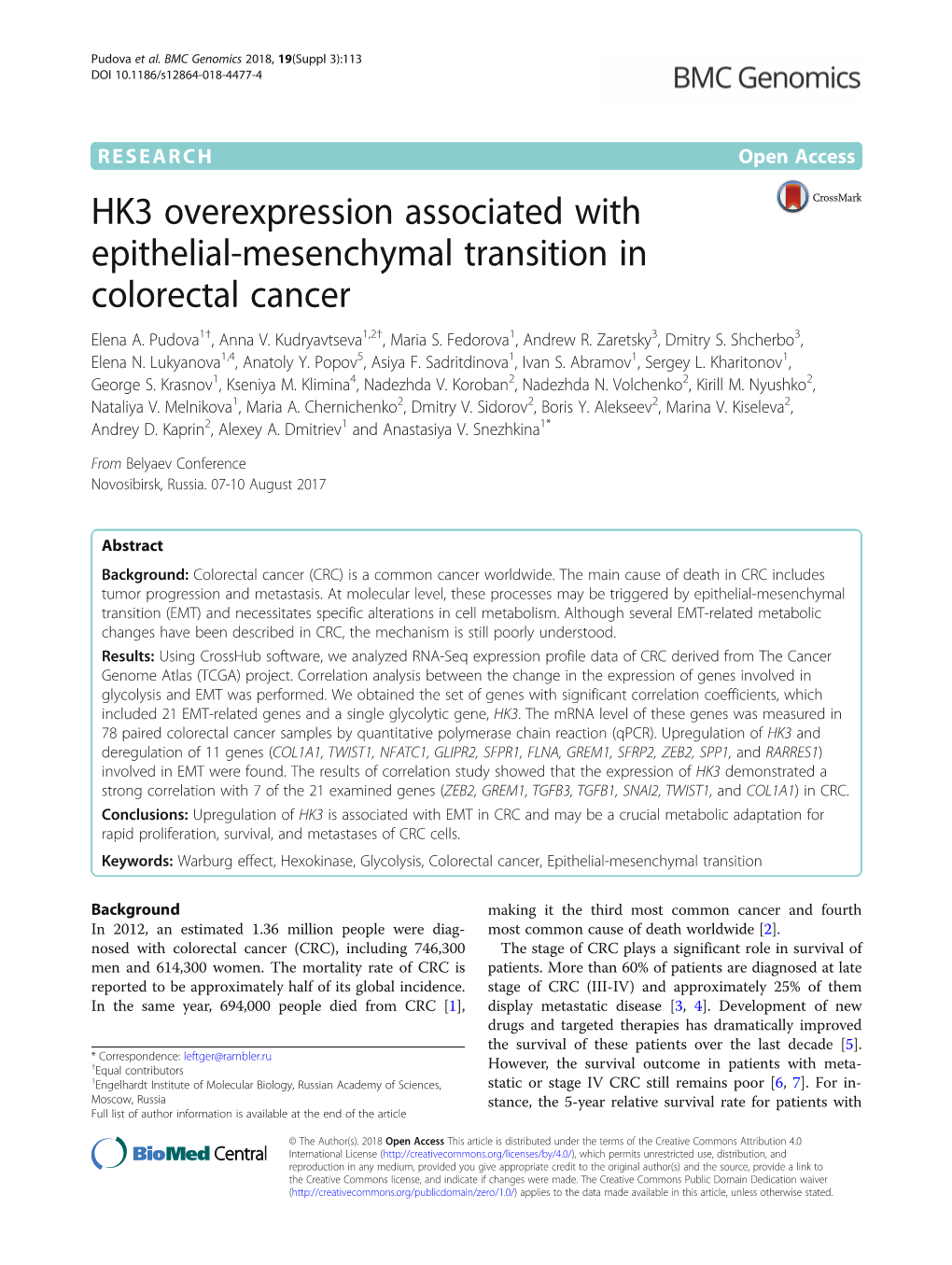 HK3 Overexpression Associated with Epithelial-Mesenchymal Transition in Colorectal Cancer Elena A
