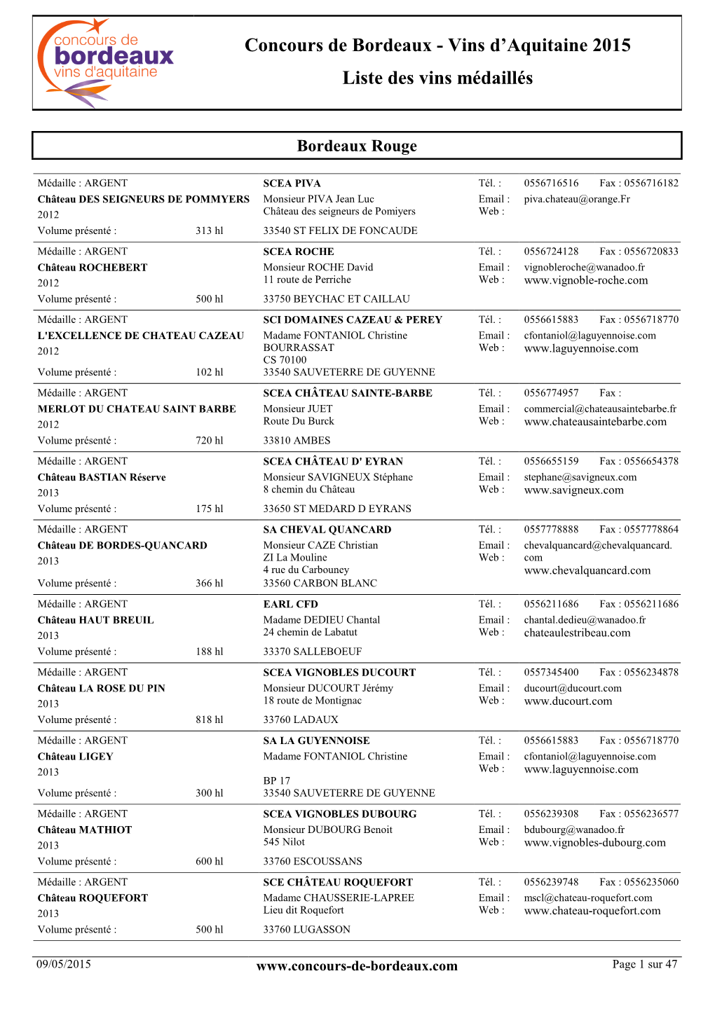 Vins D'aquitaine 2015 Liste Des Vins Médaillés