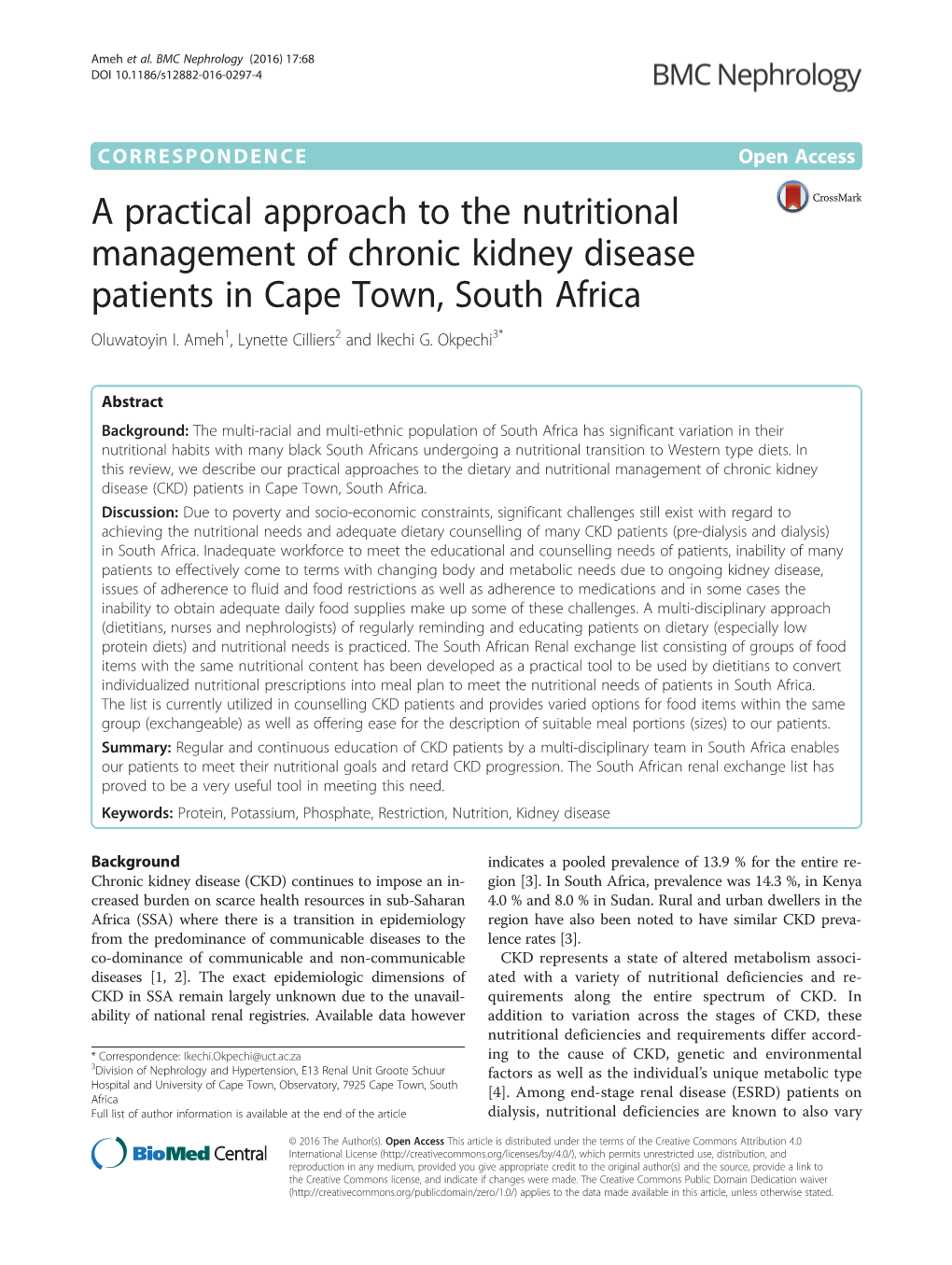 A Practical Approach to the Nutritional Management of Chronic Kidney Disease Patients in Cape Town, South Africa Oluwatoyin I