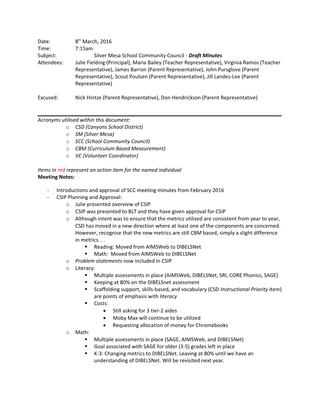 Subject: Silver Mesa School Community Council - Draft Minutes