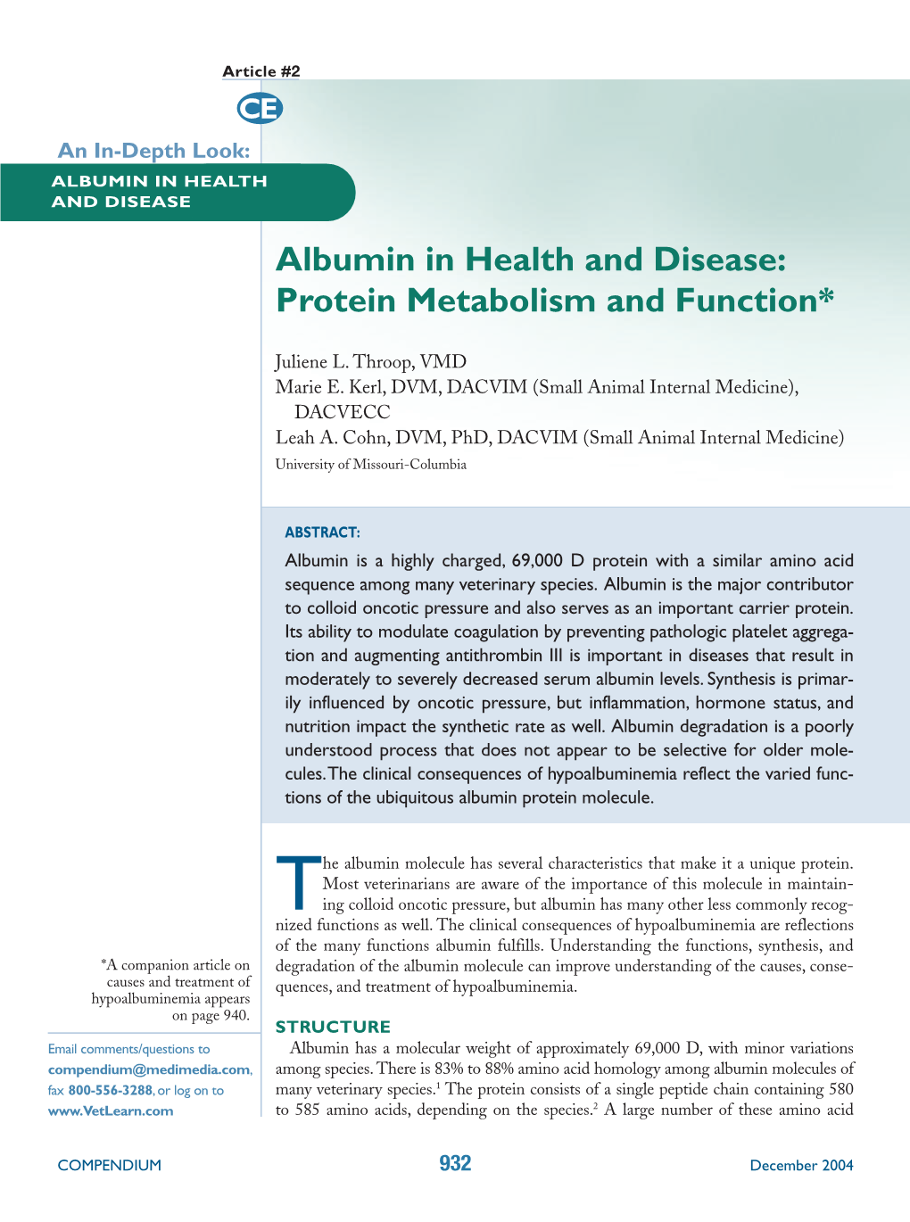 Albumin in Health and Disease: Protein Metabolism and Function*