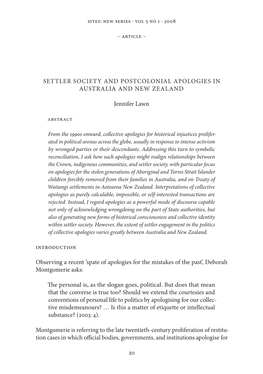 20 Settler Society and Postcolonial Apologies in Australia and New