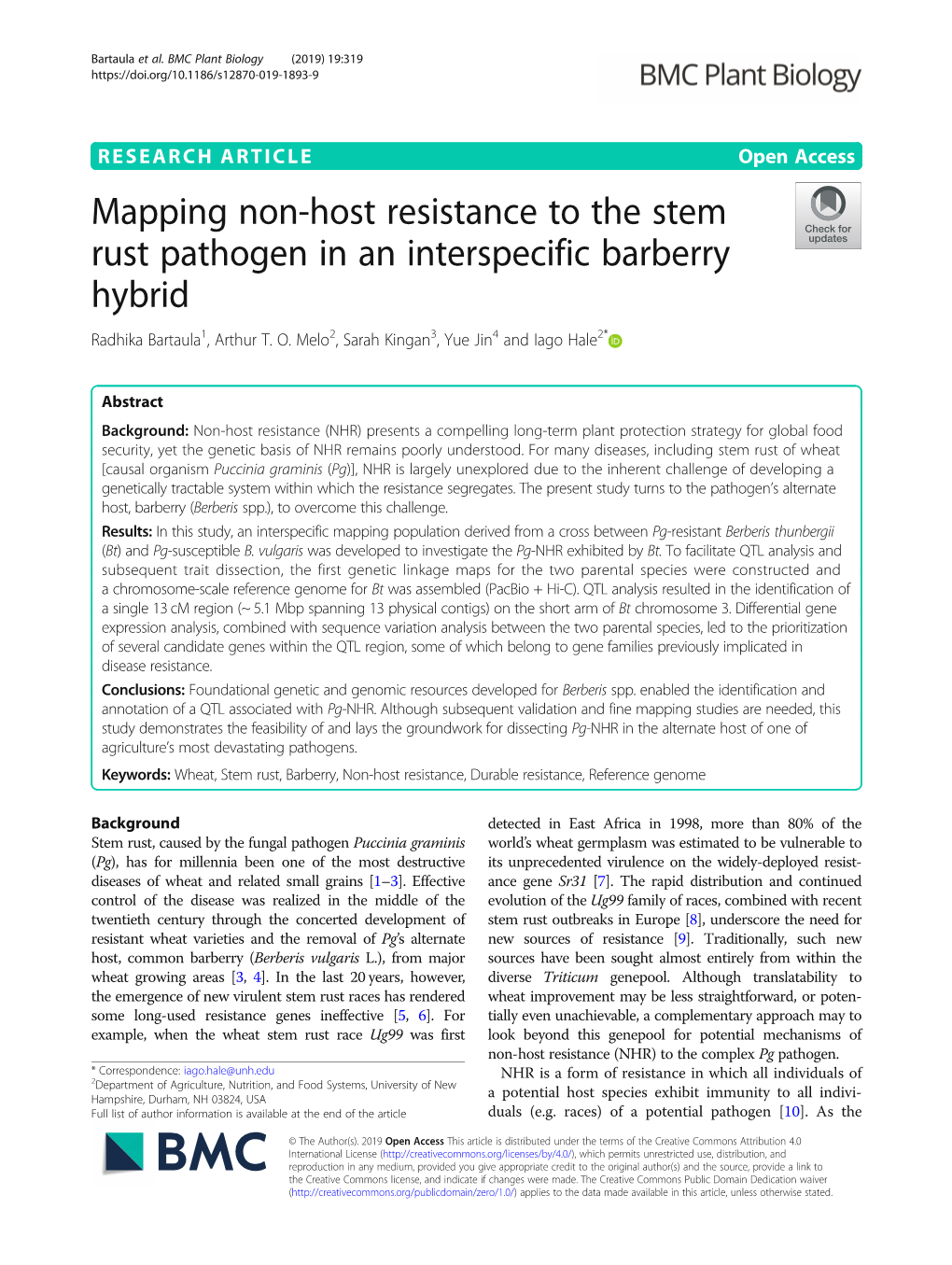 Mapping Non-Host Resistance to the Stem Rust Pathogen in an Interspecific Barberry Hybrid Radhika Bartaula1, Arthur T