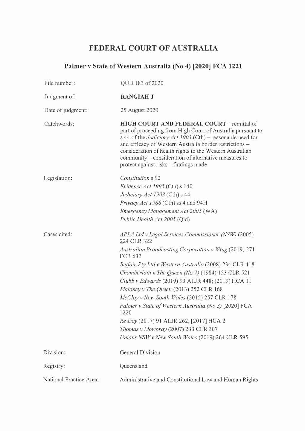 Palmer V State of Western Australia (No 4) [2020] FCA 1221