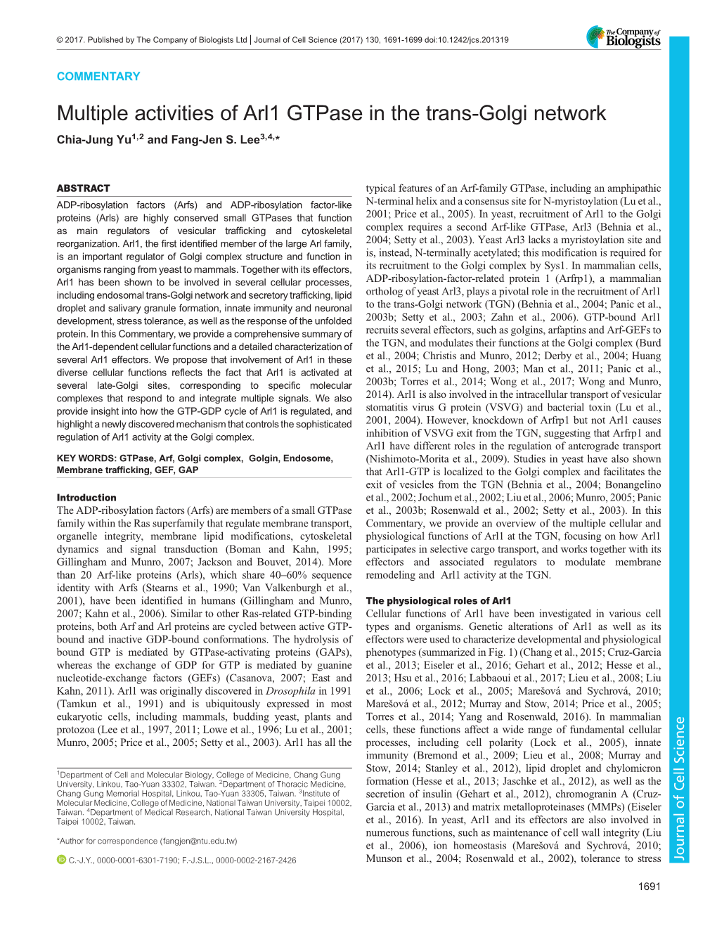 Multiple Activities of Arl1 Gtpase in the Trans-Golgi Network Chia-Jung Yu1,2 and Fang-Jen S