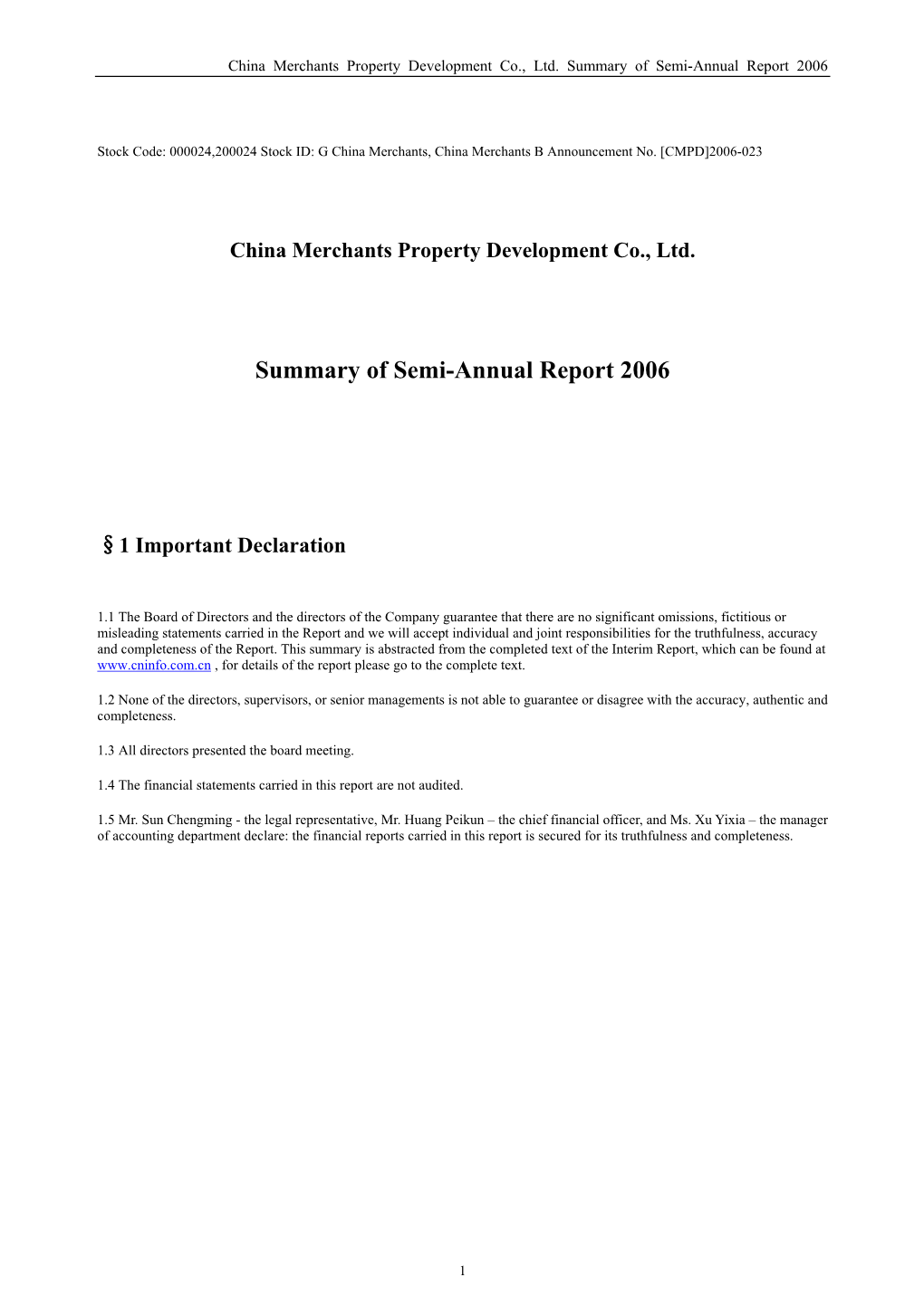 Summary of Semi-Annual Report 2006