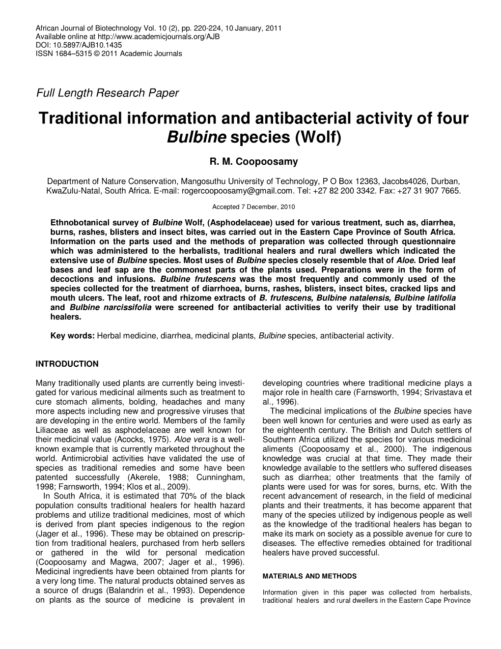 Traditional Information and Antibacterial Activity of Four Bulbine Species (Wolf)