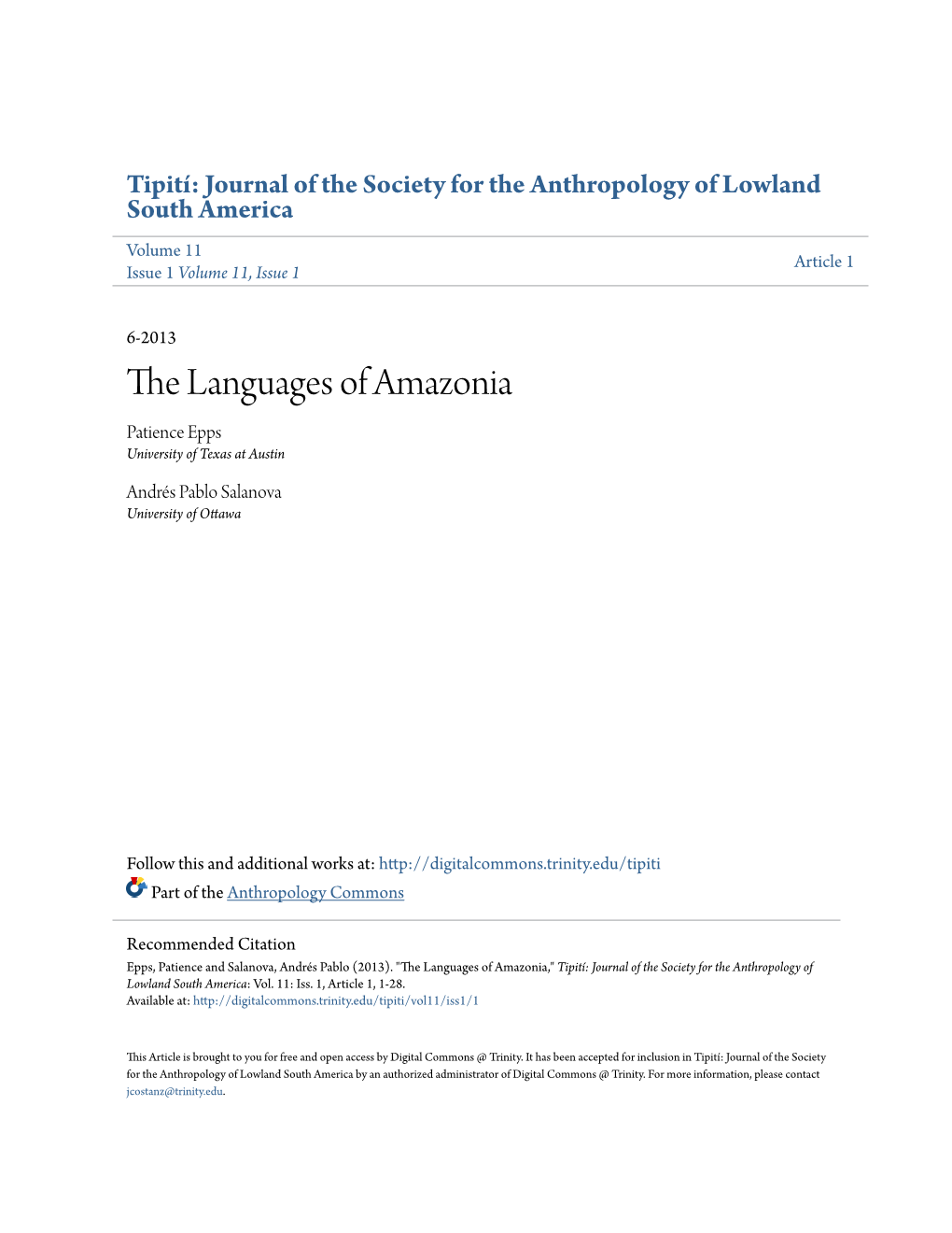 The Languages of Amazonia Patience Epps University of Texas at Austin