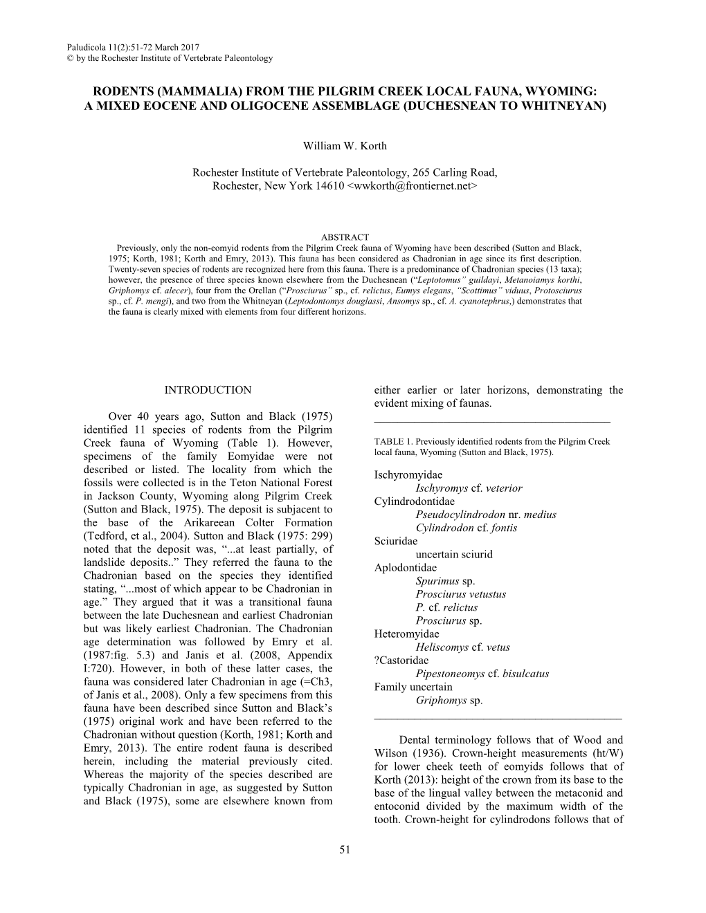 Rodents (Mammalia) from the Pilgrim Creek Local Fauna, Wyoming: a Mixed Eocene and Oligocene Assemblage (Duchesnean to Whitneyan)