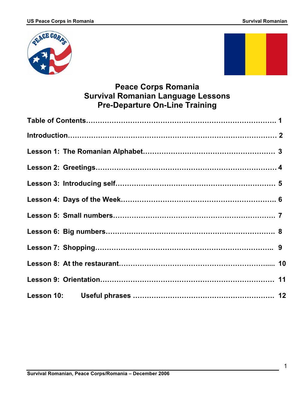 Peace Corps Romania Survival Romanian Language Lessons Pre-Departure On-Line Training