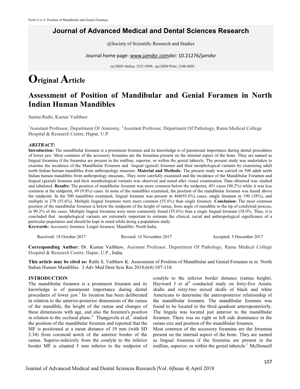 Assessment of Position of Mandibular and Genial Foramen in North Indian