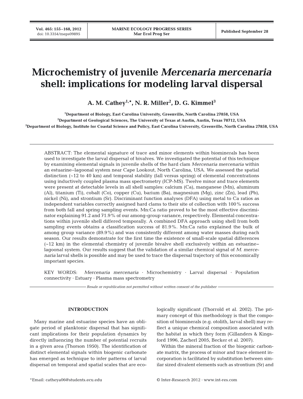 Microchemistry of Juvenile Mercenaria Mercenaria Shell: Implications for Modeling Larval Dispersal