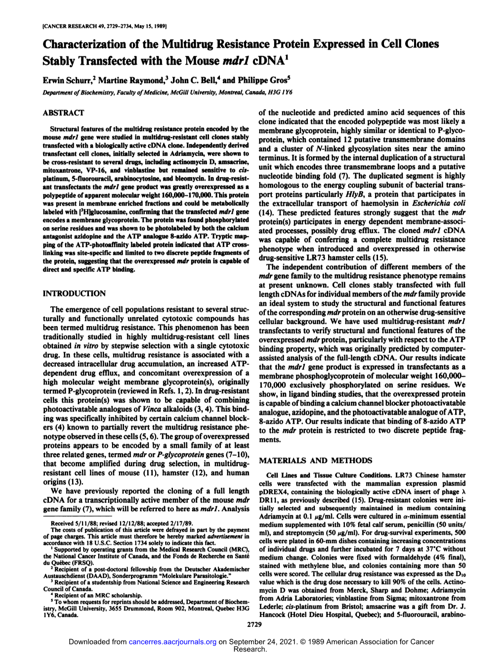 Characterization of the Multidrug Resistance Protein Expressed in Cell Clones Stably Transfected with the Mouse Mdrl Cdna1