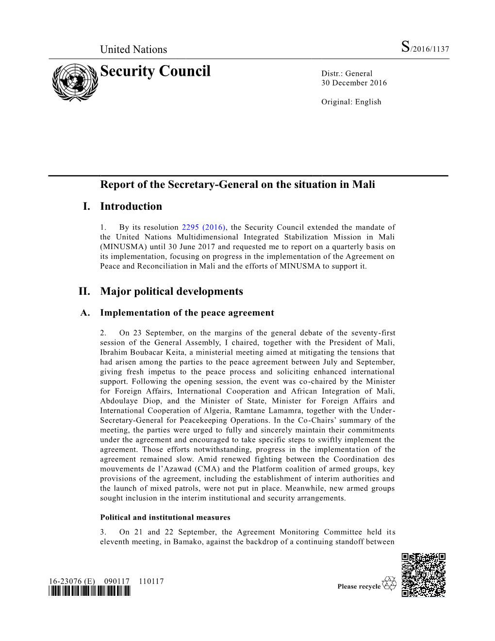 Report of the Secretary-General on the Situation in Mali
